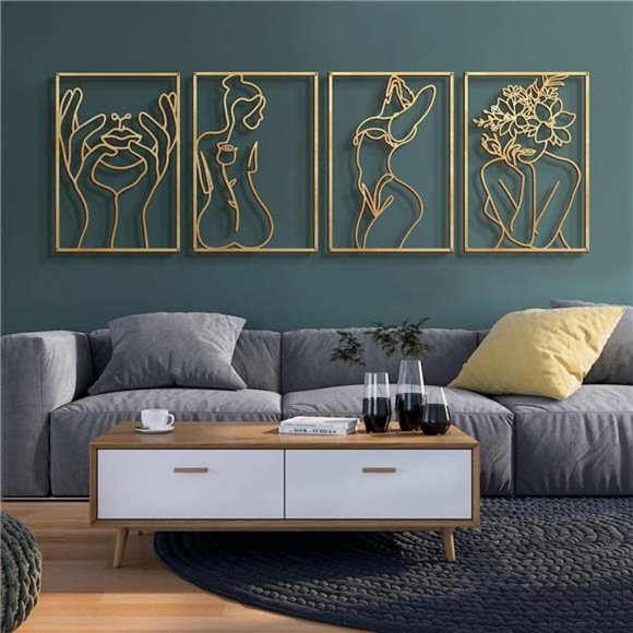 4 Pack Gold Wall Art Décor Minimalist Single Line Art Wall Décor Real Metal